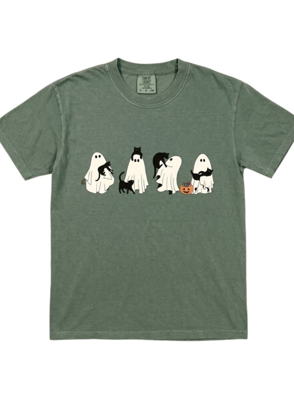 Comfort color moss Ghosts & Black Cats Halloween Graphic Tee